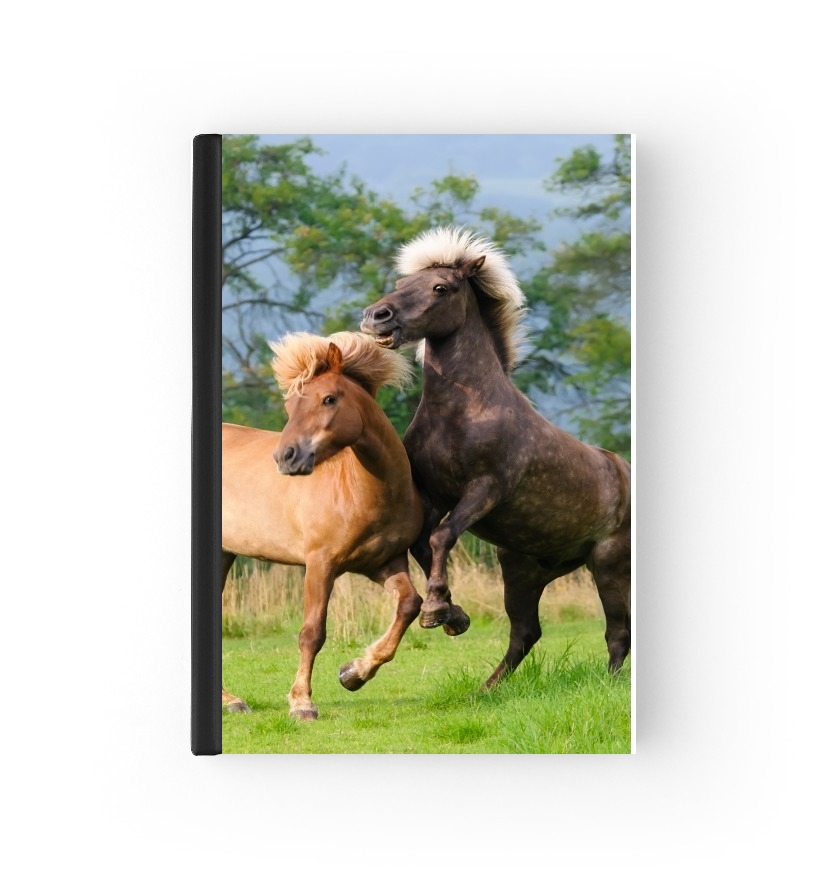  Two Icelandic horses playing, rearing and frolic around in a meadow para cubierta de pasaporte