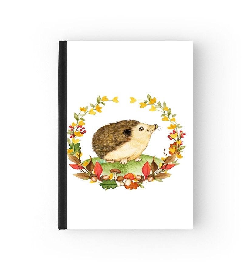  watercolor hedgehog in a fall woodland wreath para cubierta de pasaporte