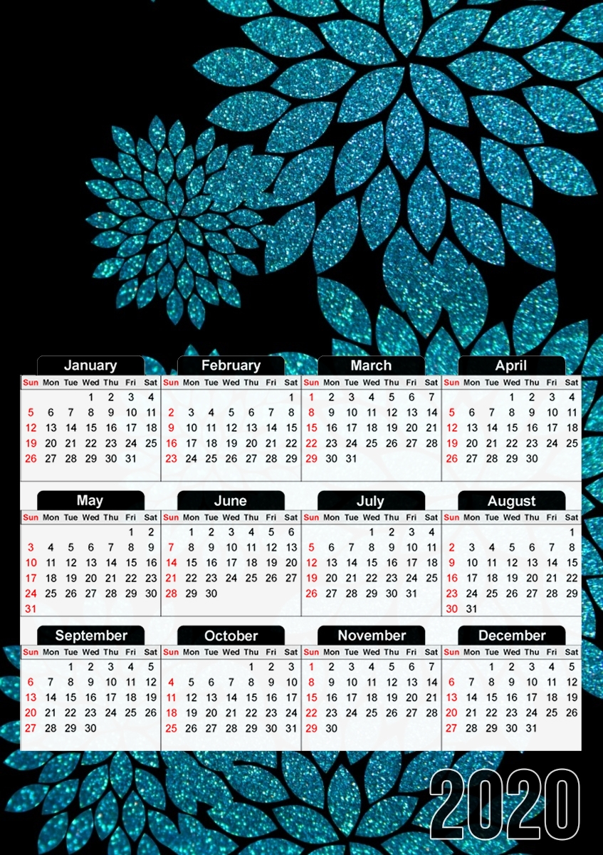  aqua glitter flowers on black para A3 Photo Calendar 30x43cm