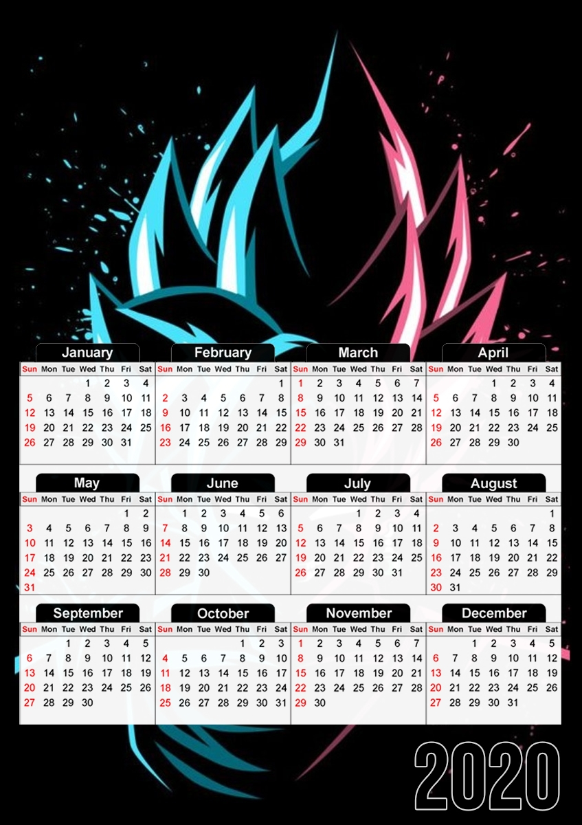  Black Goku Face Art Blue and pink hair para A3 Photo Calendar 30x43cm
