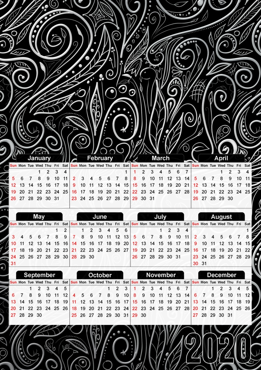  Black Silver Damasks para A3 Photo Calendar 30x43cm