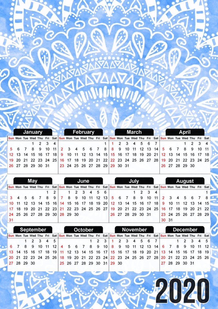  Bohemian Flower Mandala in Blue para A3 Photo Calendar 30x43cm