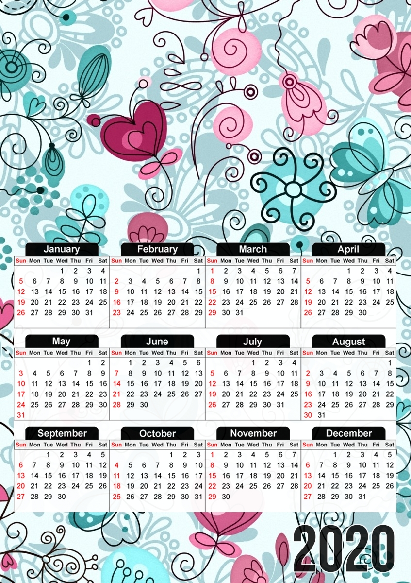  doodle flowers and butterflies para A3 Photo Calendar 30x43cm