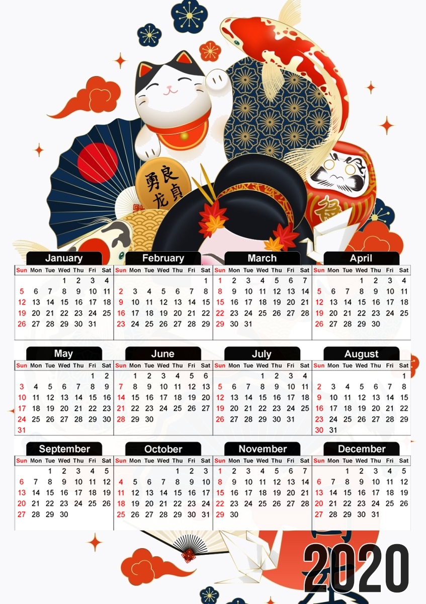  Japanese geisha surrounded with colorful carps para A3 Photo Calendar 30x43cm