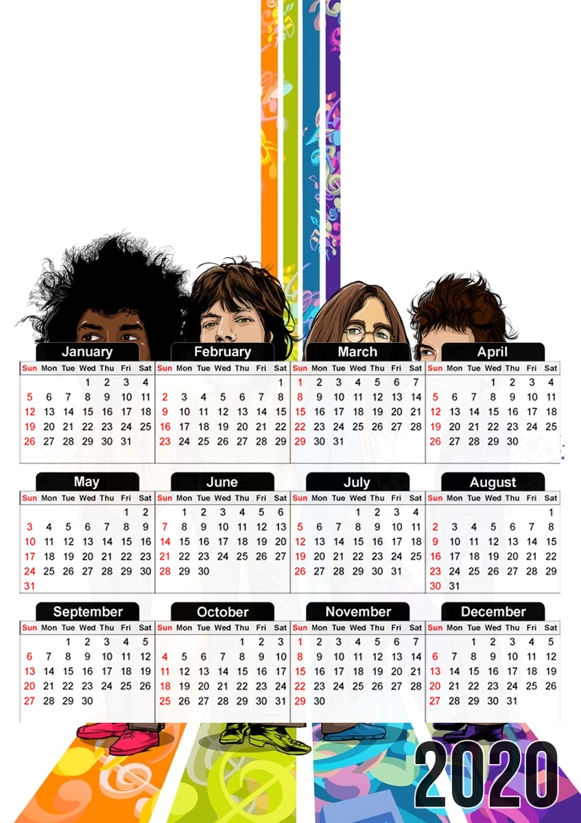  Music Legends: Lennon, Jagger, Dylan & Hendrix para A3 Photo Calendar 30x43cm