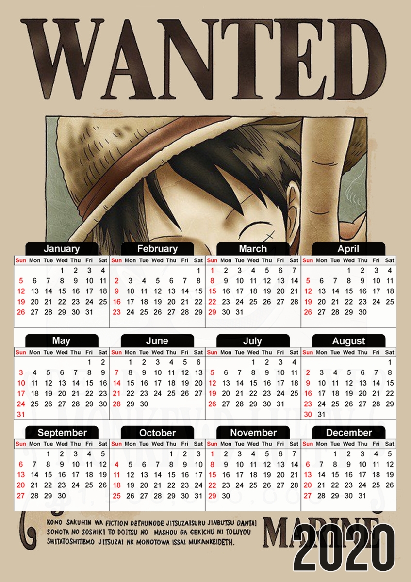  Wanted Luffy Pirate para A3 Photo Calendar 30x43cm