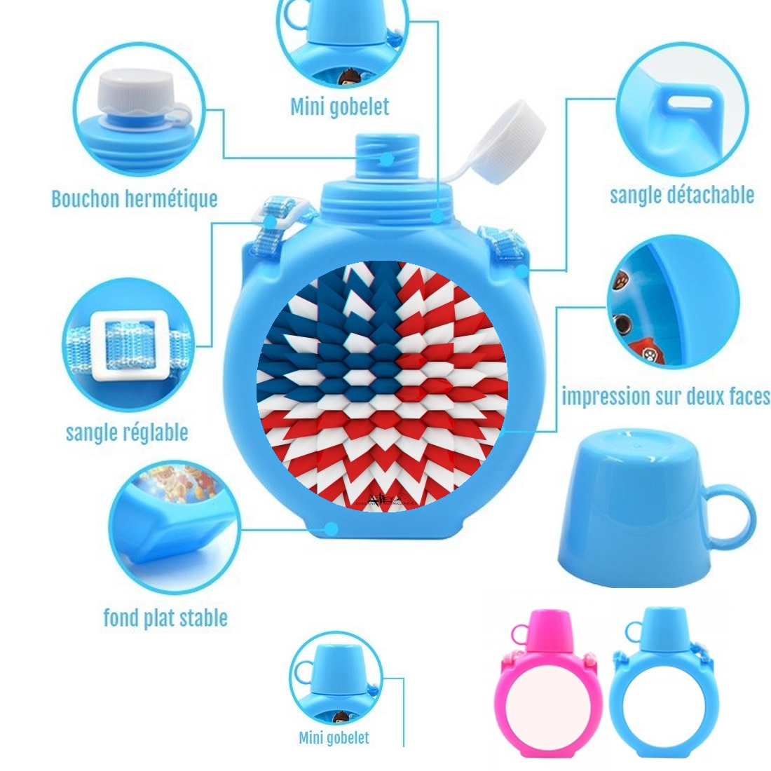  3D Poly USA flag para Botella infantil resistente a los golpes 730 ml en azul o rosa