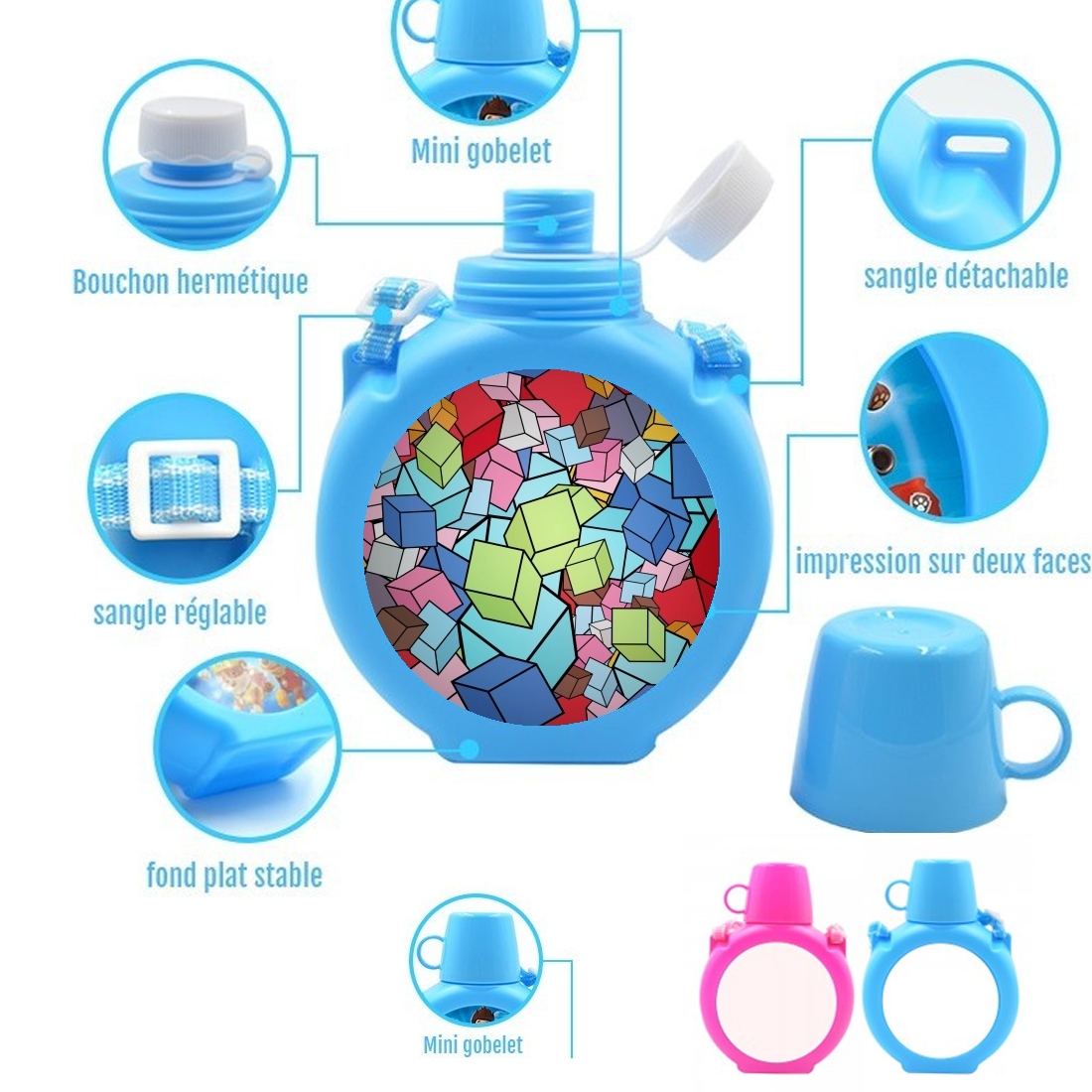  Abstract Cool Cubes para Botella infantil resistente a los golpes 730 ml en azul o rosa