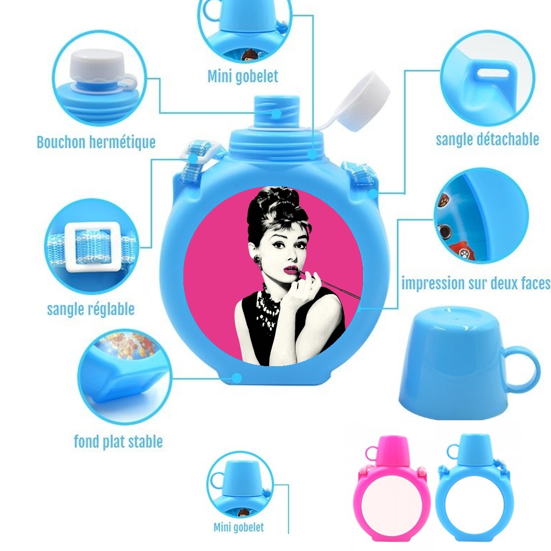  audrey hepburn para Botella infantil resistente a los golpes 730 ml en azul o rosa