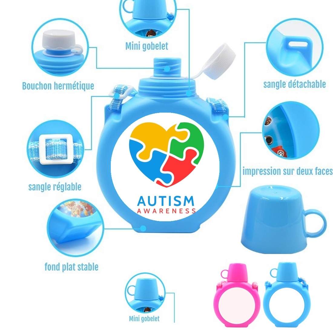  Autisme Awareness para Botella infantil resistente a los golpes 730 ml en azul o rosa