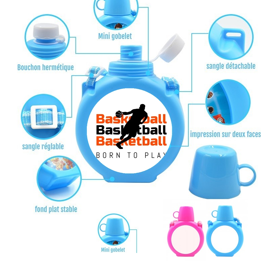  Basketball Born To Play para Botella infantil resistente a los golpes 730 ml en azul o rosa