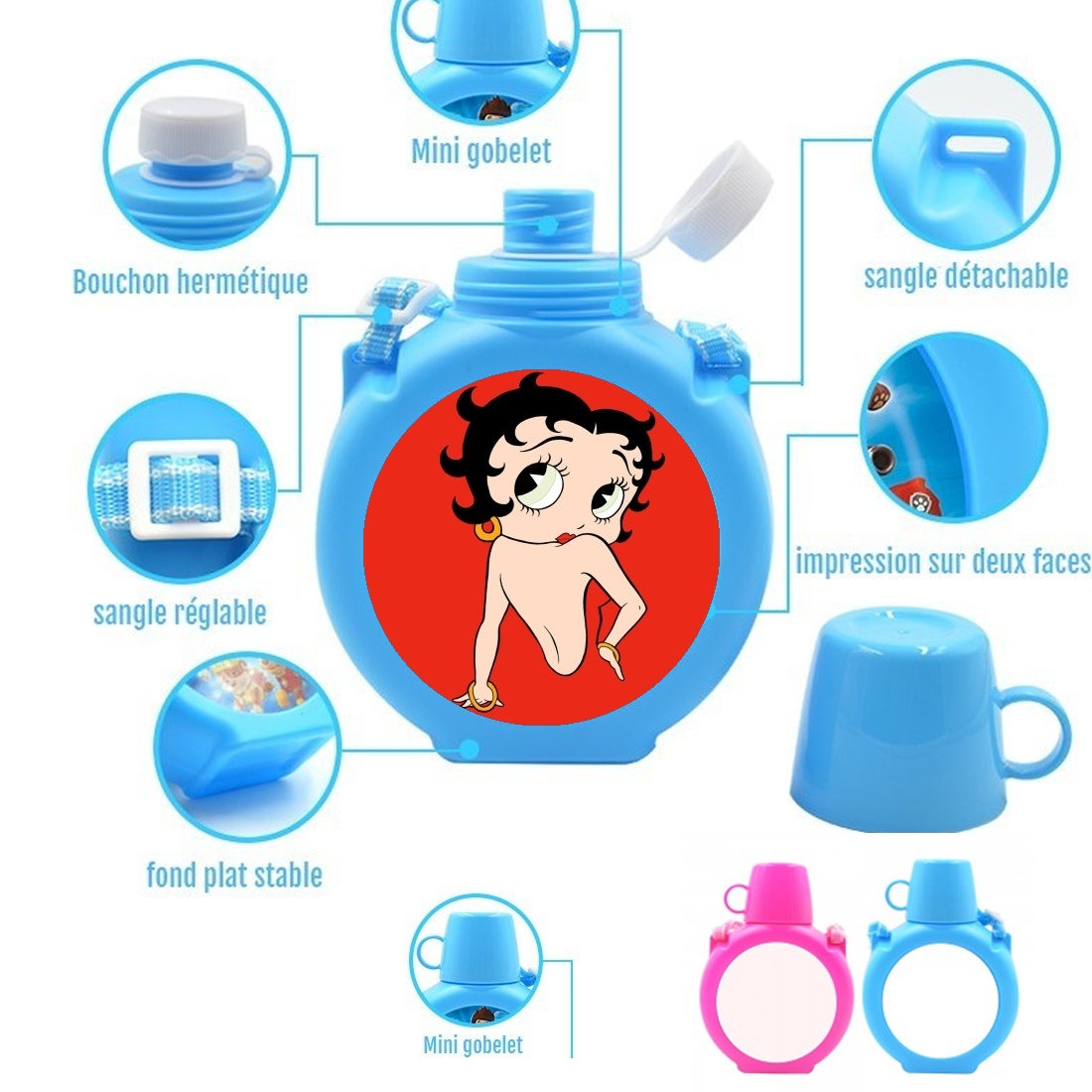  Betty boop para Botella infantil resistente a los golpes 730 ml en azul o rosa