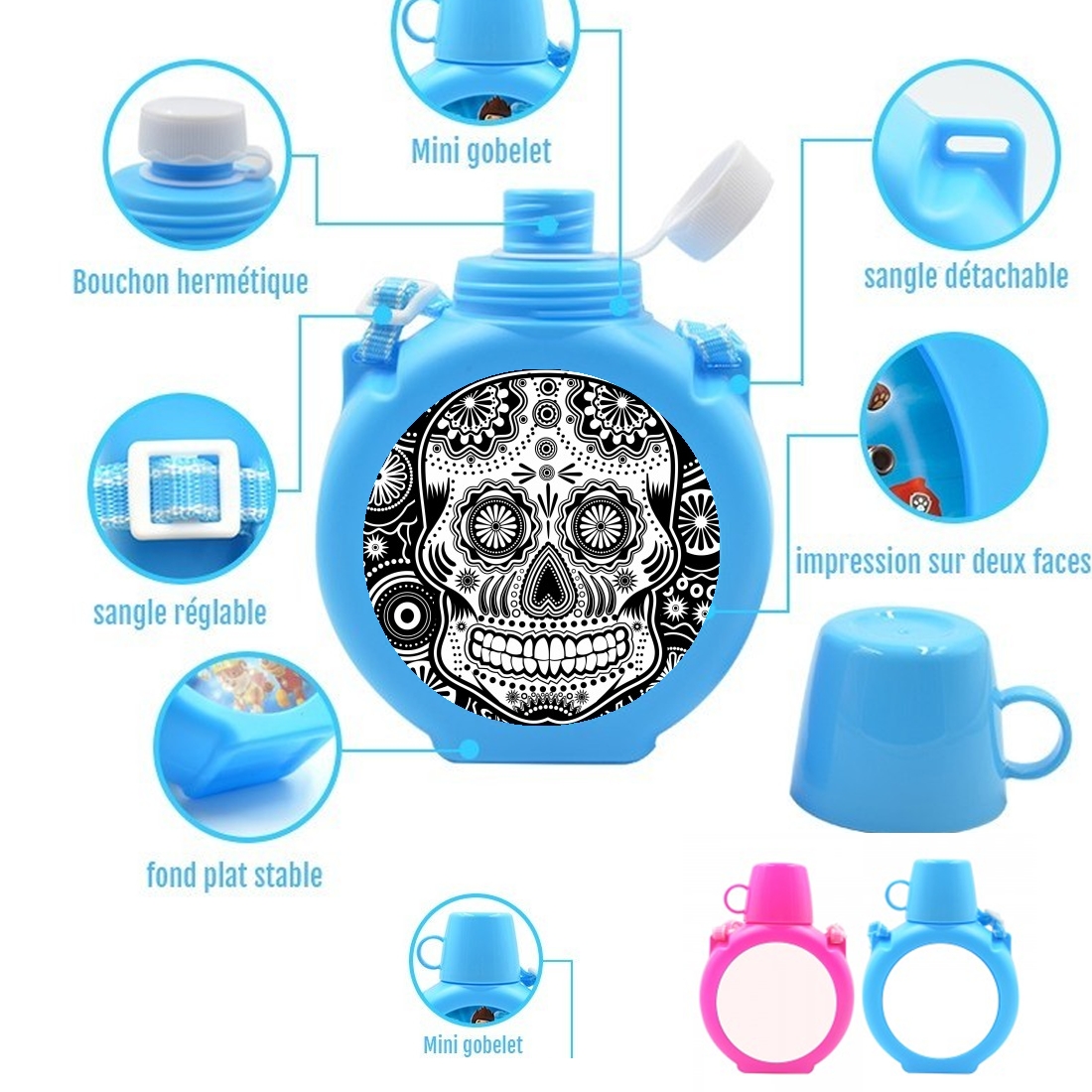  black and white sugar skull para Botella infantil resistente a los golpes 730 ml en azul o rosa