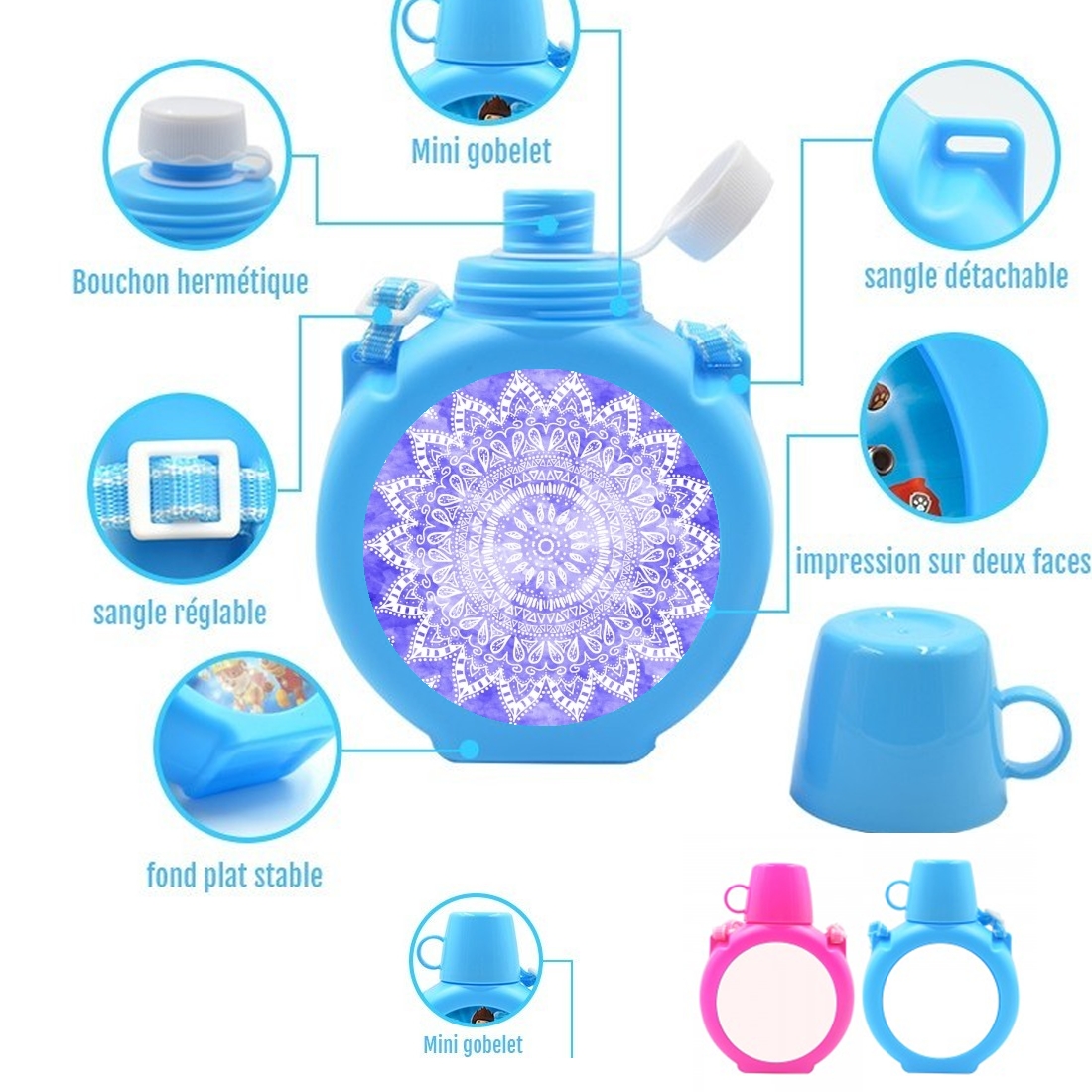  Bohemian Flower Mandala in purple para Botella infantil resistente a los golpes 730 ml en azul o rosa