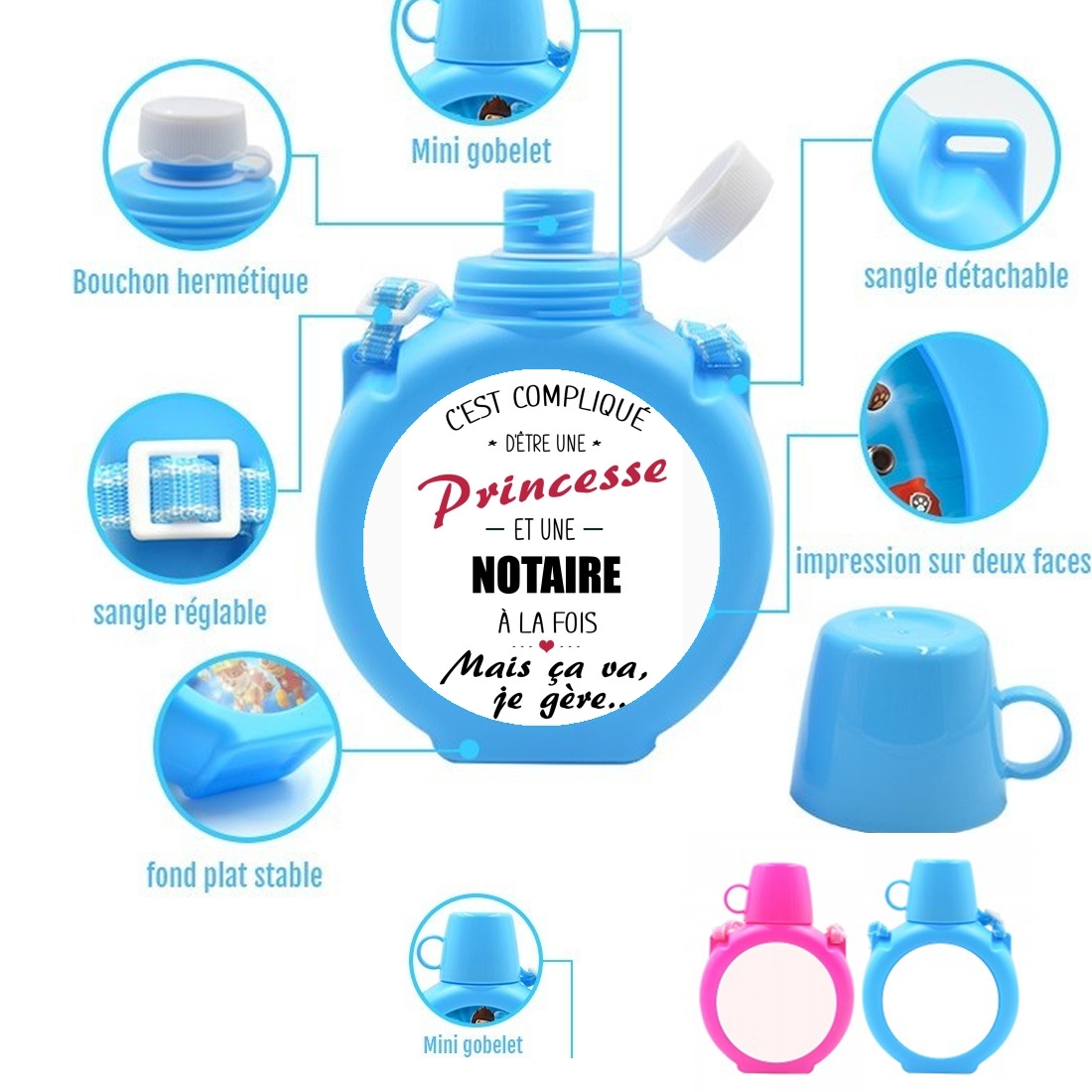  C est complique princesse et notaire a la fois para Botella infantil resistente a los golpes 730 ml en azul o rosa