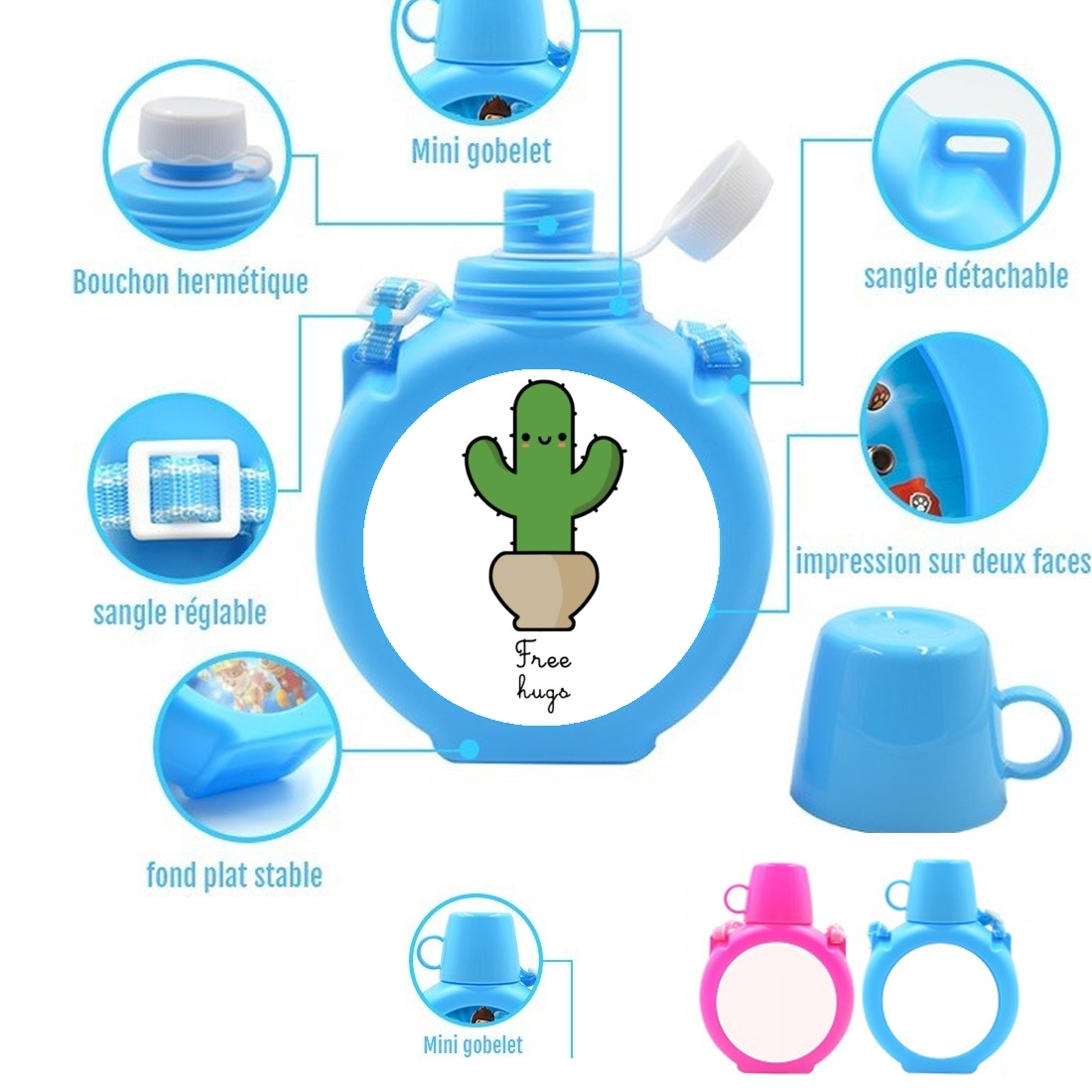  Cactus Free Hugs para Botella infantil resistente a los golpes 730 ml en azul o rosa