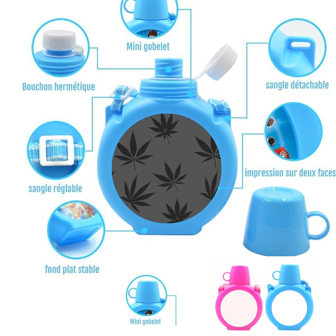  Cannabis Leaf Pattern para Botella infantil resistente a los golpes 730 ml en azul o rosa