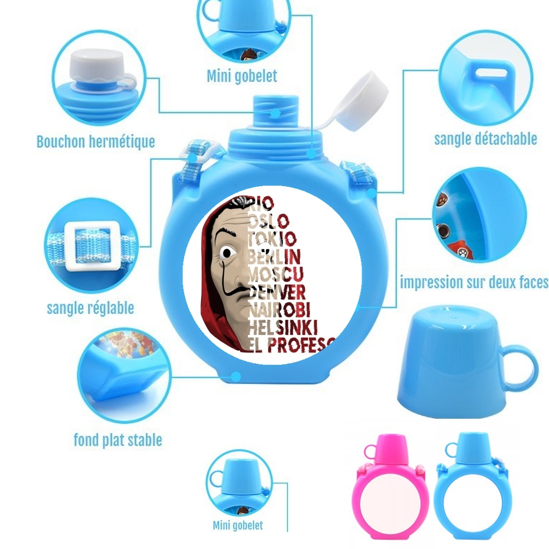  Casa de Papel Mask Vilain para Botella infantil resistente a los golpes 730 ml en azul o rosa