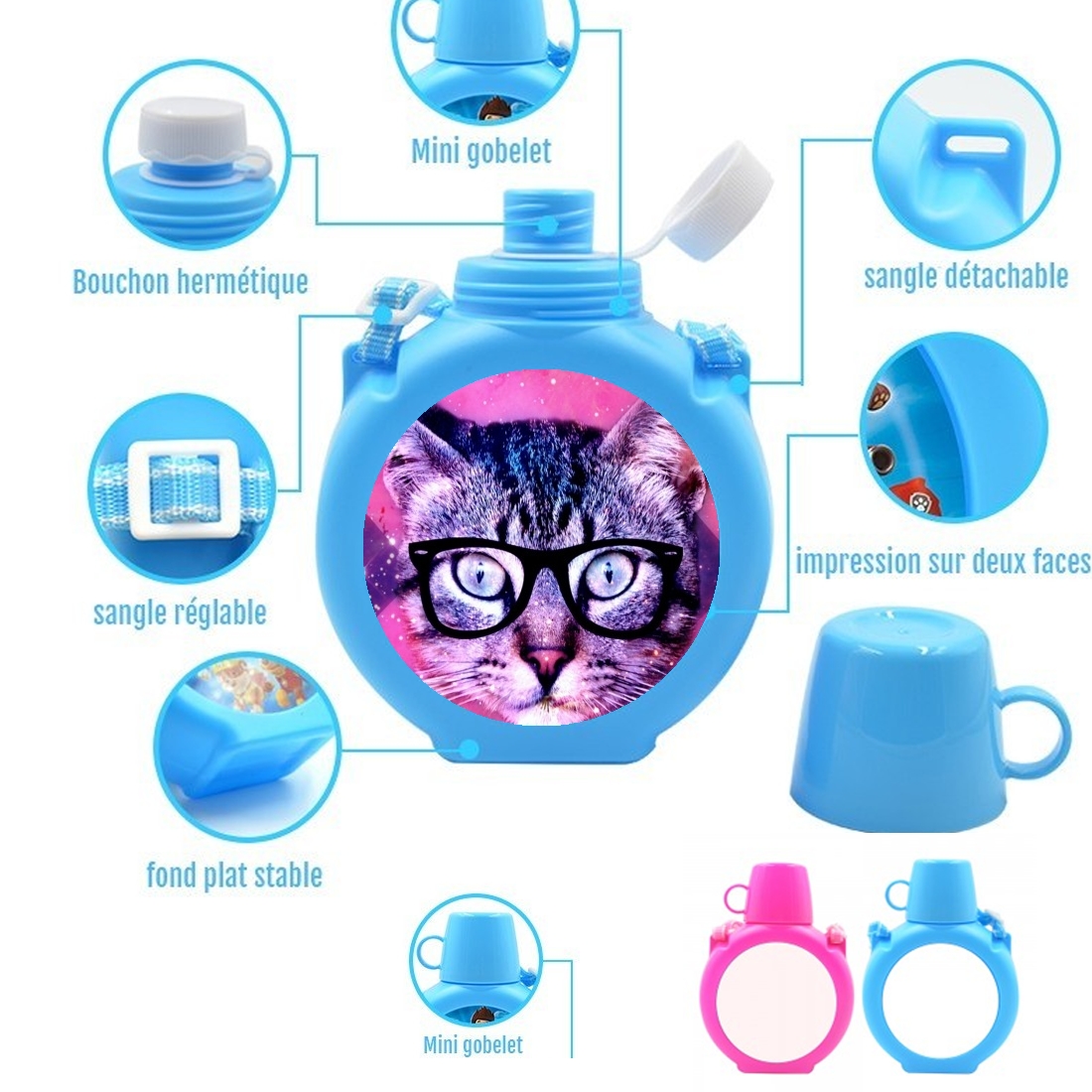  Cat Hipster para Botella infantil resistente a los golpes 730 ml en azul o rosa