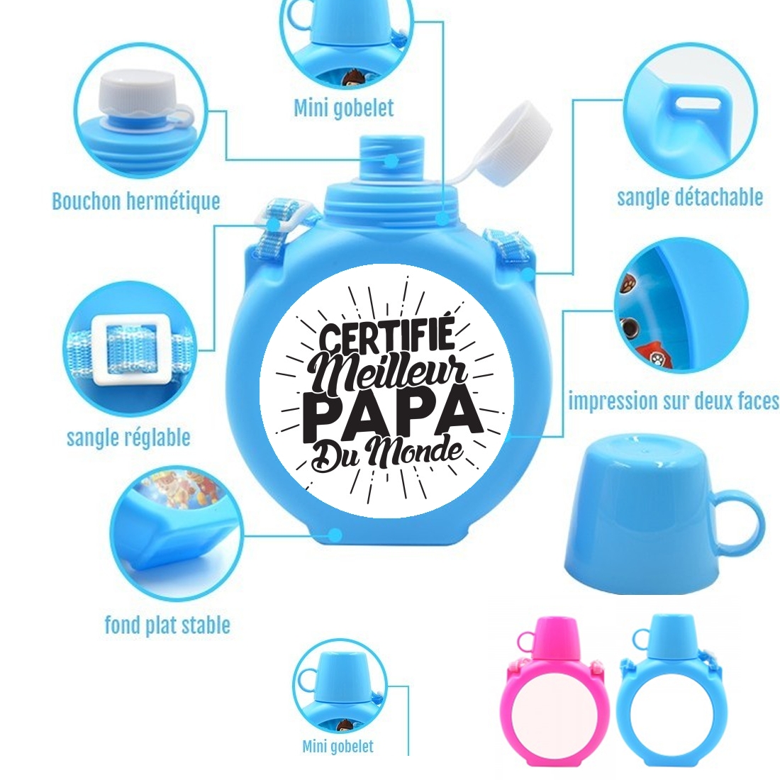  Certifie meilleur papa du monde para Botella infantil resistente a los golpes 730 ml en azul o rosa