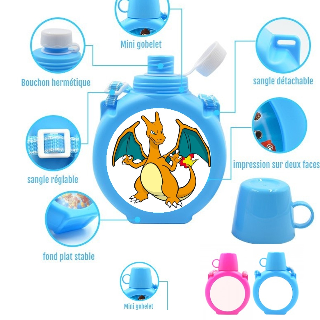  Charizard Fire para Botella infantil resistente a los golpes 730 ml en azul o rosa