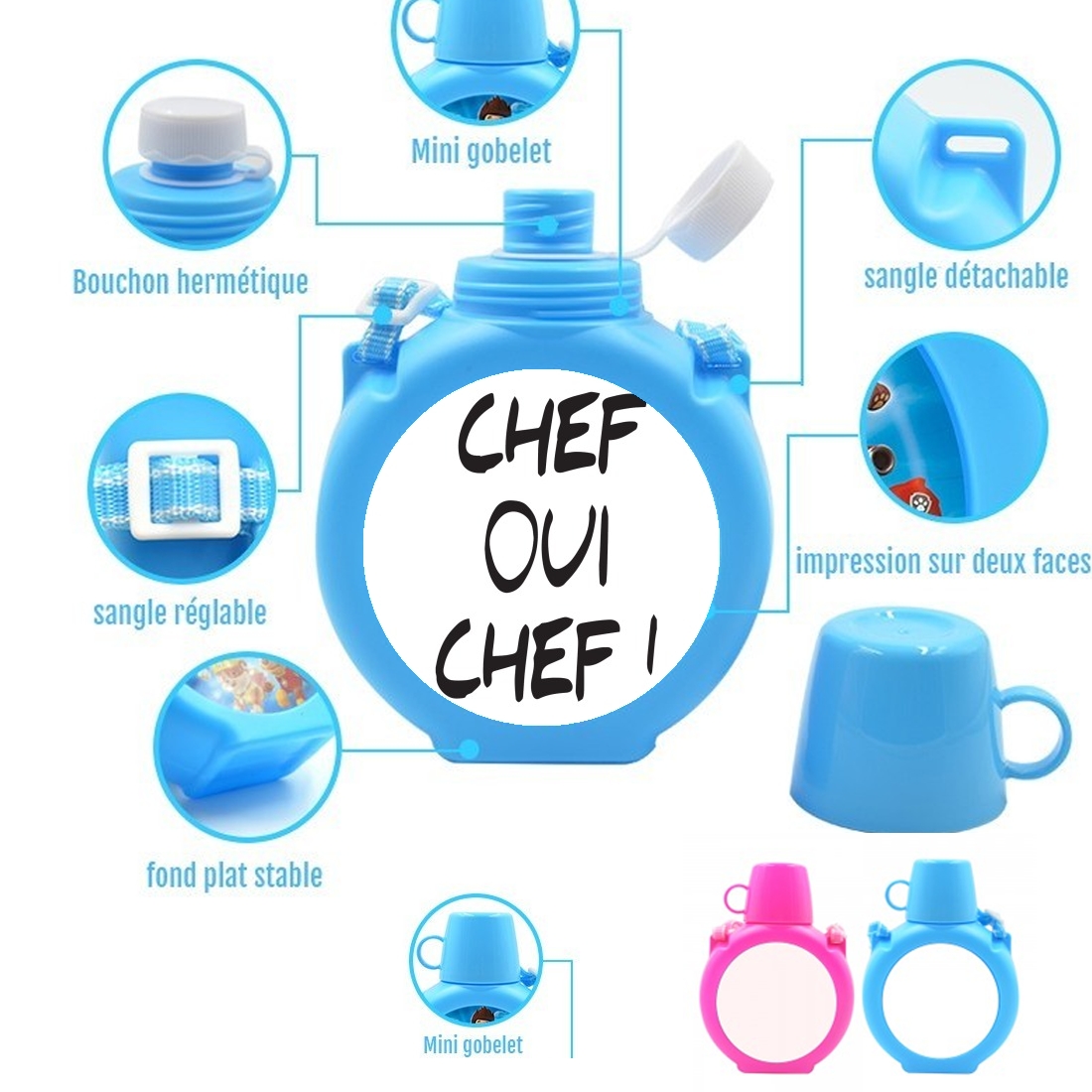  Chef Oui Chef para Botella infantil resistente a los golpes 730 ml en azul o rosa