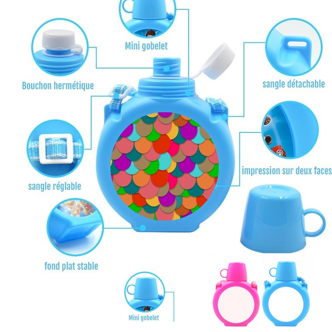  Circles Multicolor para Botella infantil resistente a los golpes 730 ml en azul o rosa