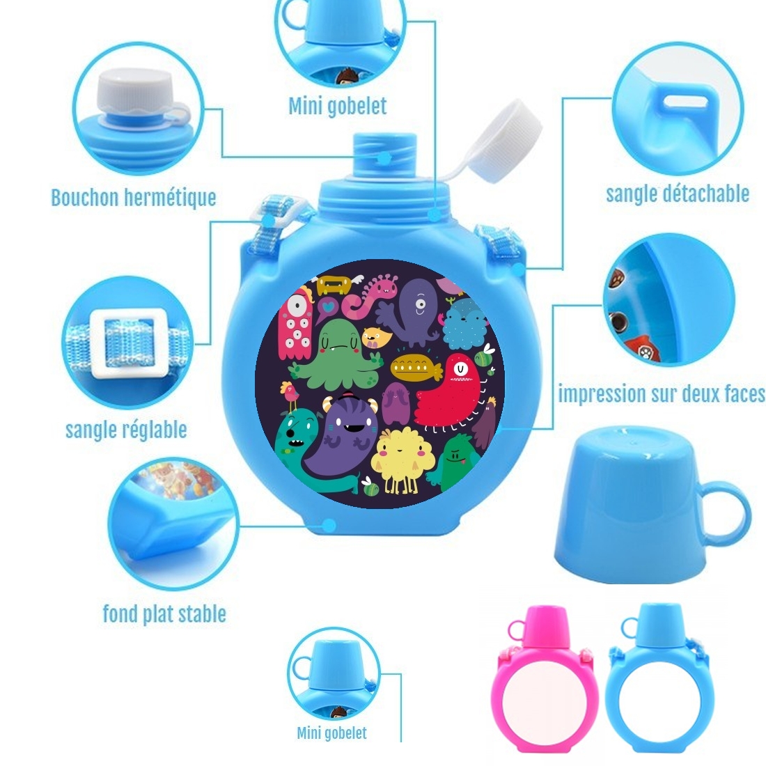  Colorful Creatures para Botella infantil resistente a los golpes 730 ml en azul o rosa