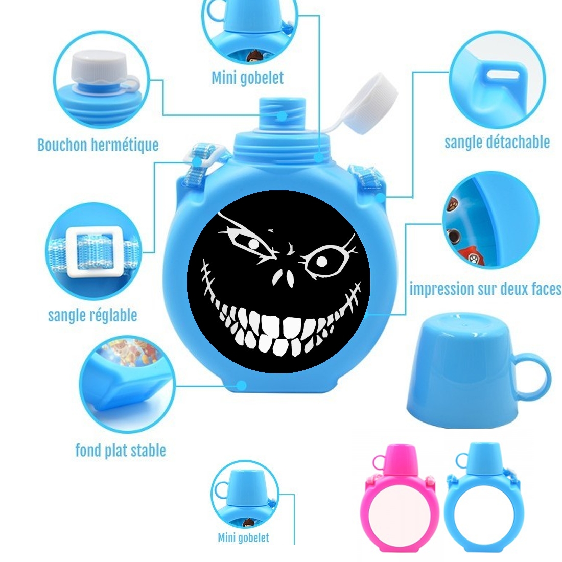  Crazy Monster Grin para Botella infantil resistente a los golpes 730 ml en azul o rosa