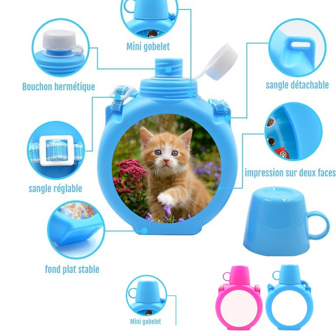  Cute ginger kitten in a flowery garden, lovely and enchanting cat para Botella infantil resistente a los golpes 730 ml en azul o rosa