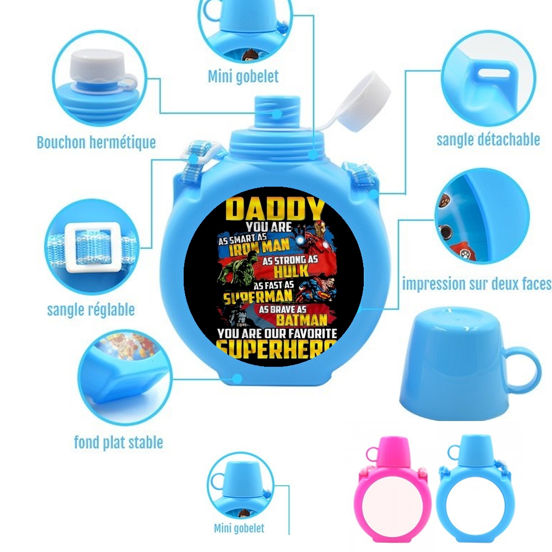  Daddy You are as smart as iron man as strong as Hulk as fast as superman as brave as batman you are my superhero para Botella infantil resistente a los golpes 730 ml en azul o rosa