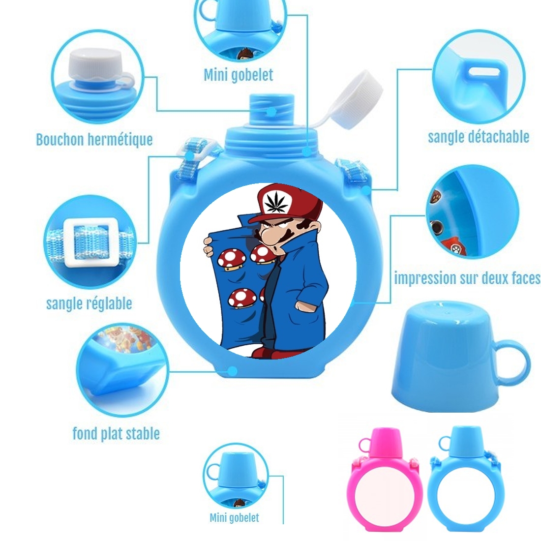  Dealer Mushroom Feat Wario para Botella infantil resistente a los golpes 730 ml en azul o rosa