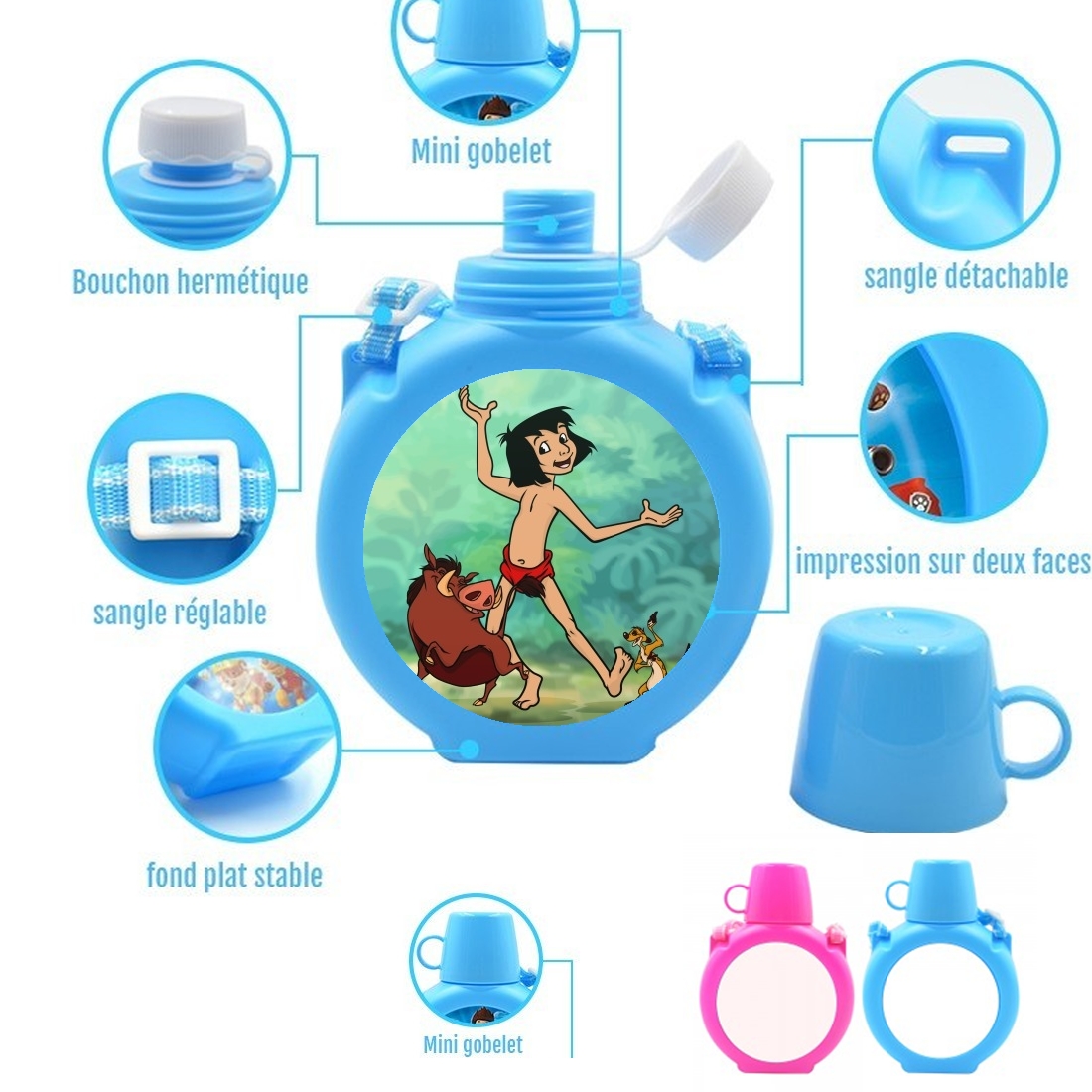  Disney Hangover Mowgli Timon and Pumbaa  para Botella infantil resistente a los golpes 730 ml en azul o rosa