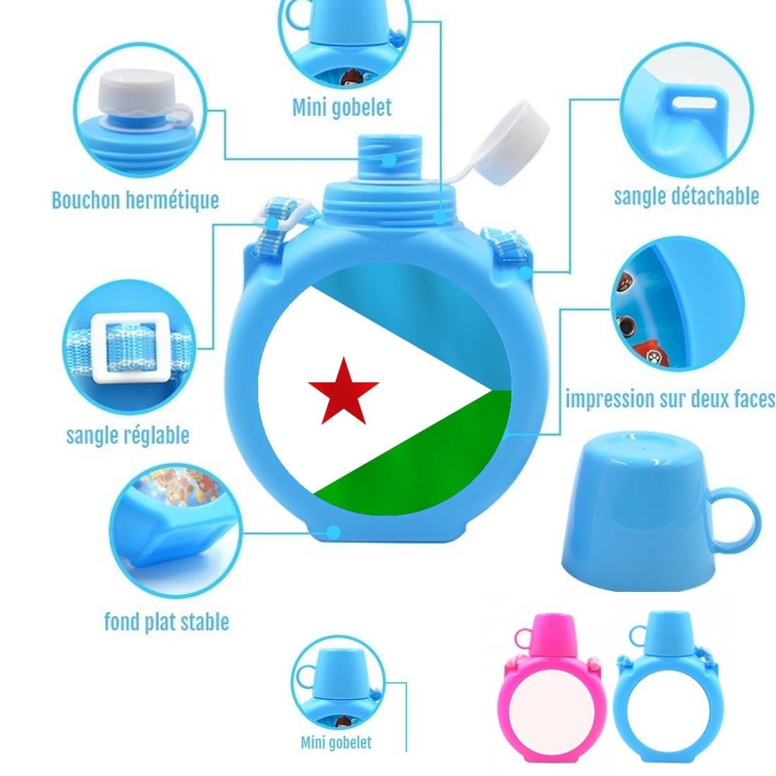  Djibouti para Botella infantil resistente a los golpes 730 ml en azul o rosa