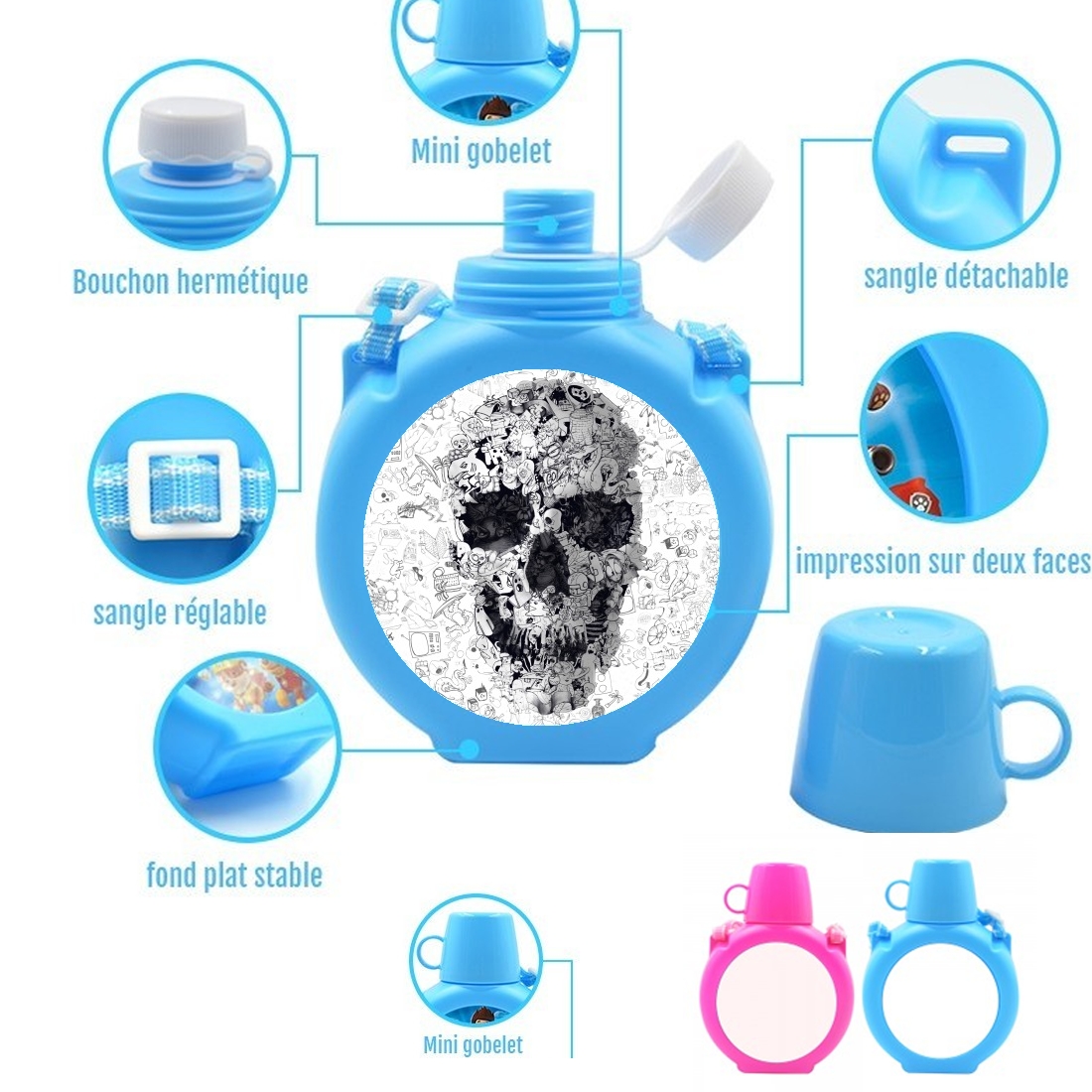  Doodle Skull para Botella infantil resistente a los golpes 730 ml en azul o rosa