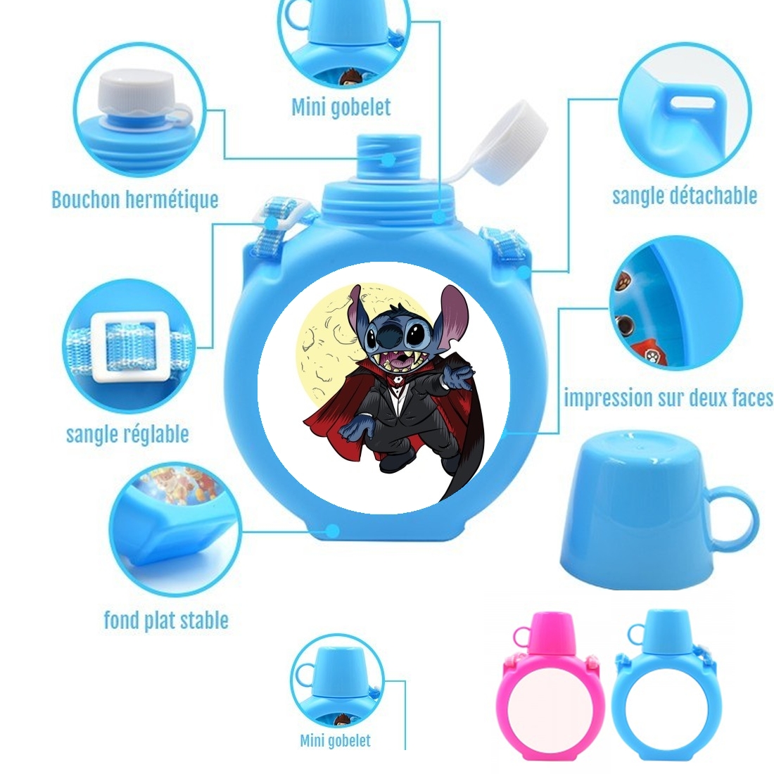  Dracula Stitch Parody Fan Art para Botella infantil resistente a los golpes 730 ml en azul o rosa