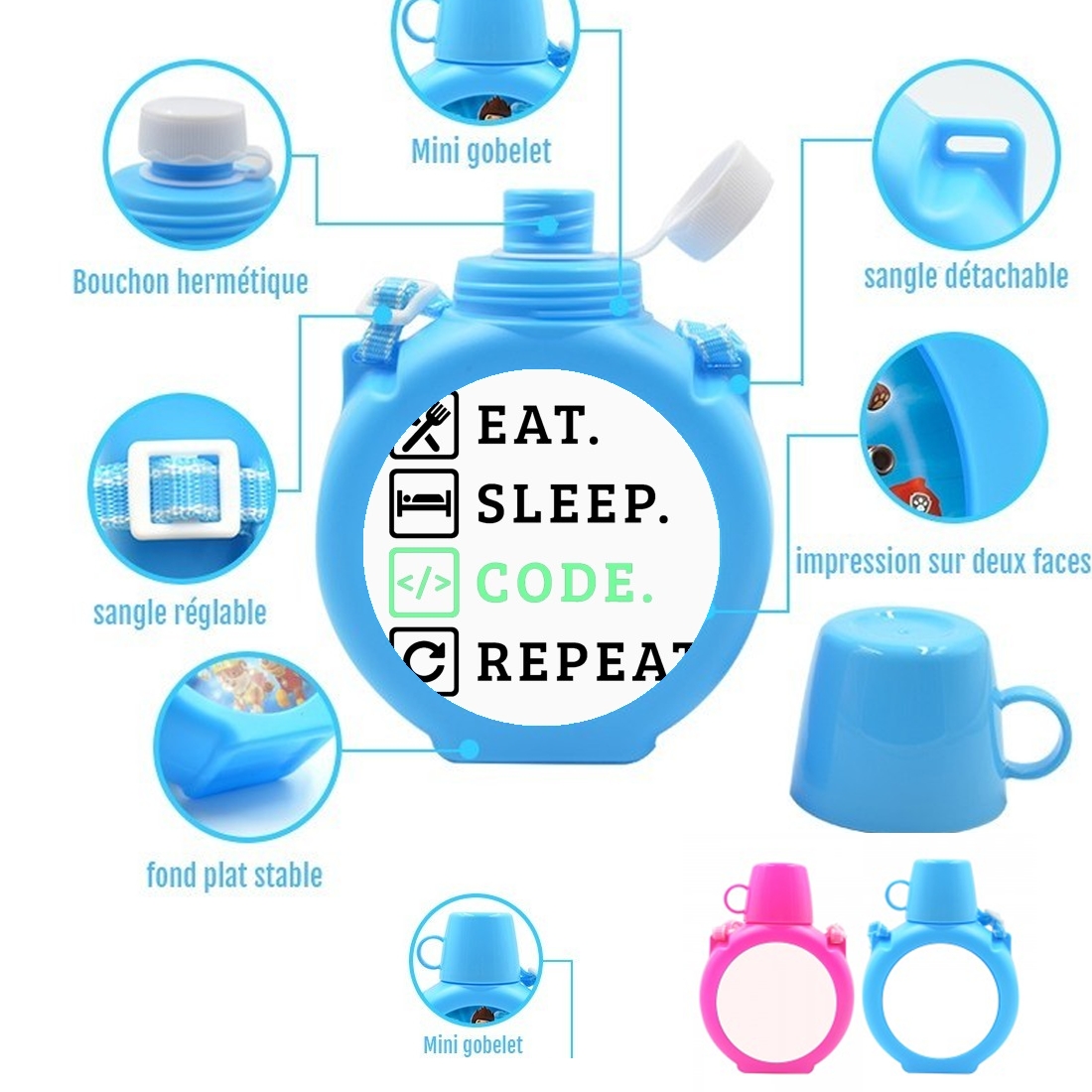  Eat Sleep Code Repeat para Botella infantil resistente a los golpes 730 ml en azul o rosa