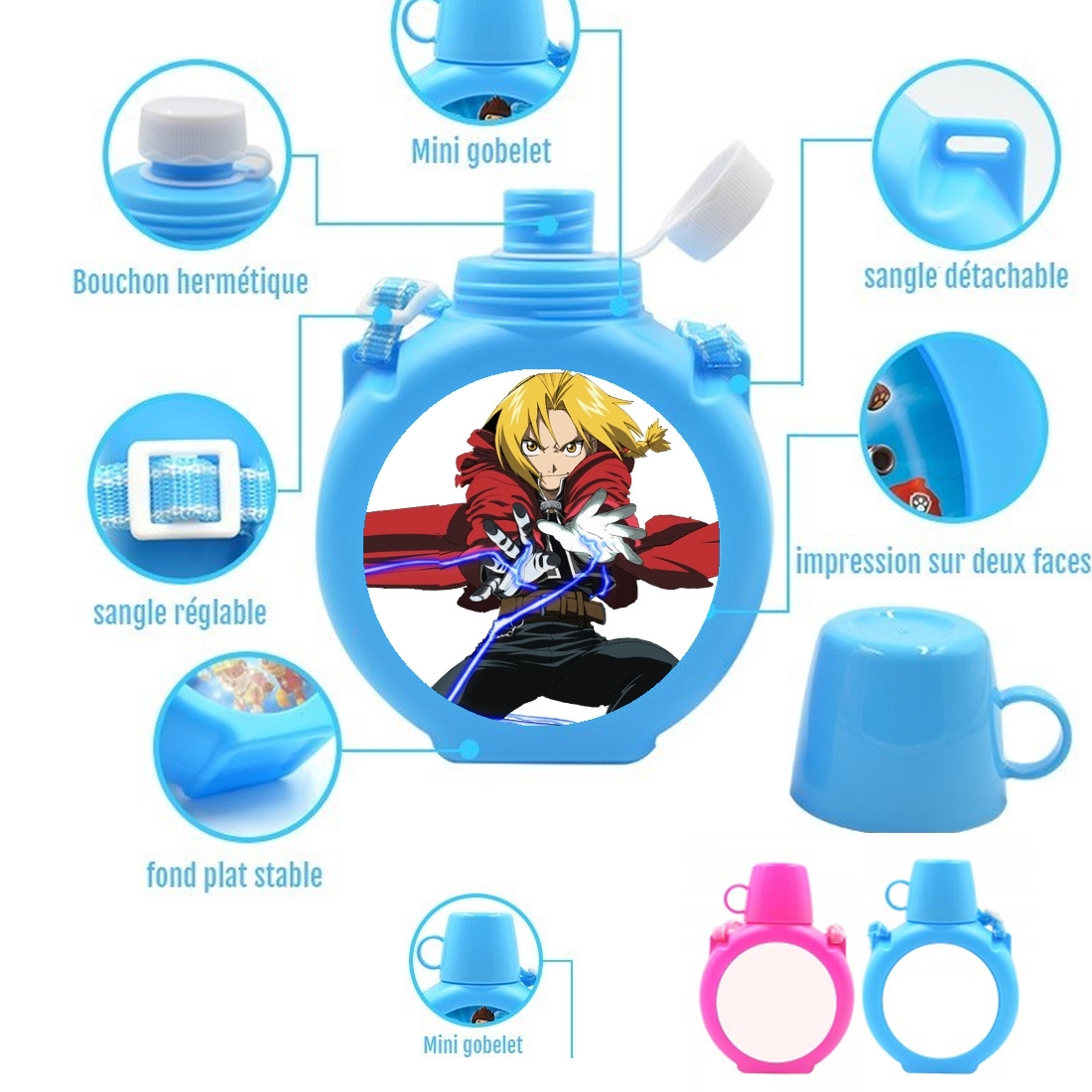  Edward Elric Magic Power para Botella infantil resistente a los golpes 730 ml en azul o rosa