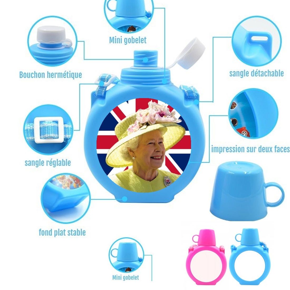  Elizabeth 2 Uk Queen para Botella infantil resistente a los golpes 730 ml en azul o rosa