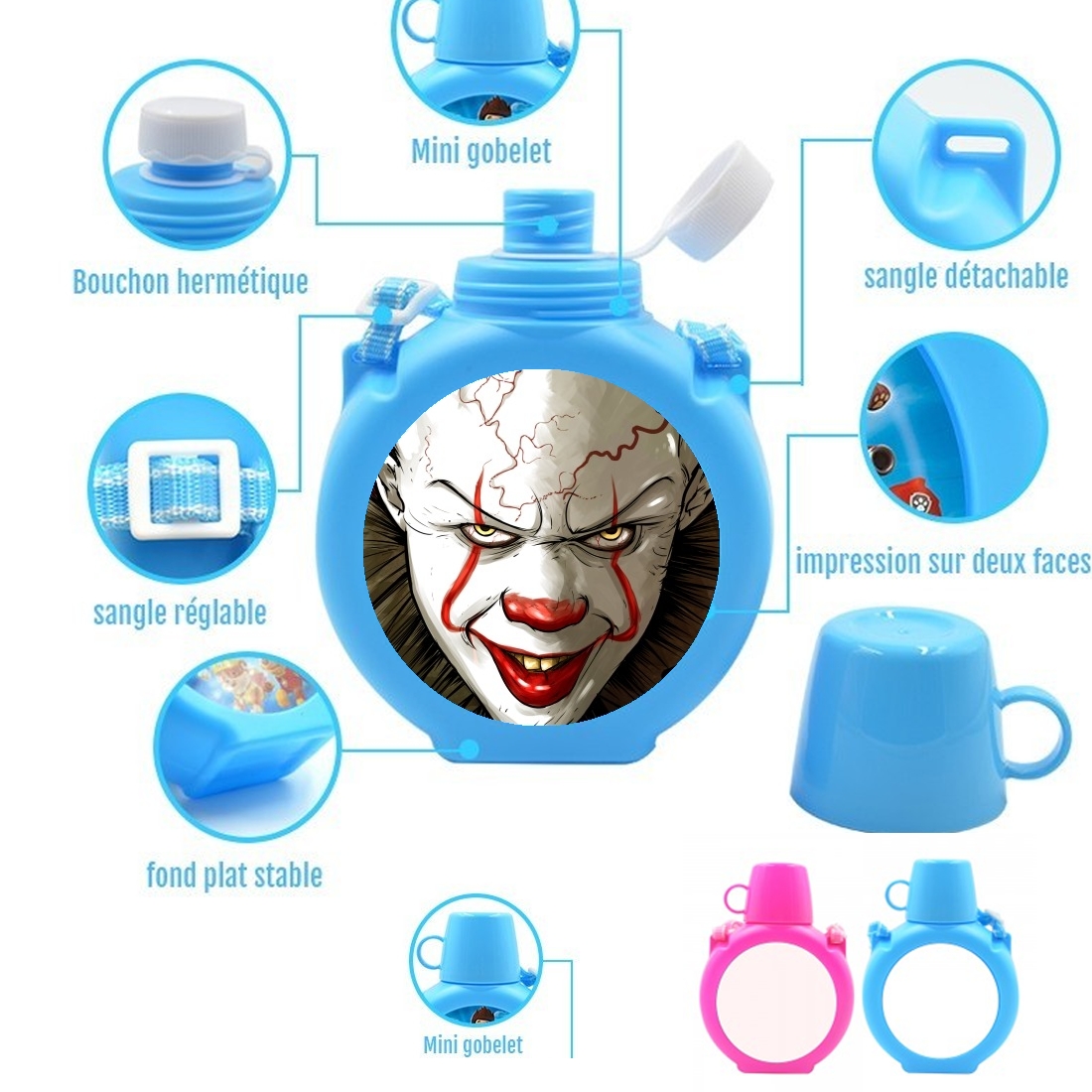  Evil Clown  para Botella infantil resistente a los golpes 730 ml en azul o rosa