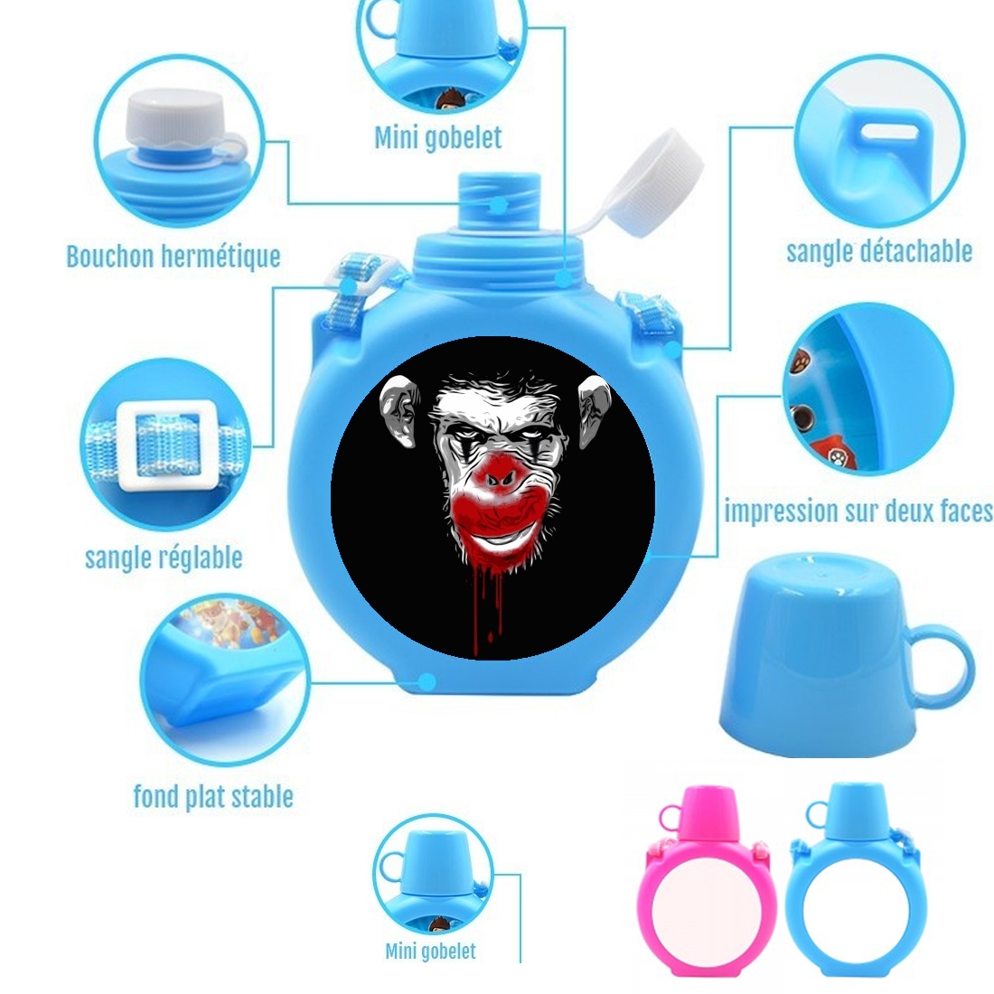  Evil Monkey Clown para Botella infantil resistente a los golpes 730 ml en azul o rosa