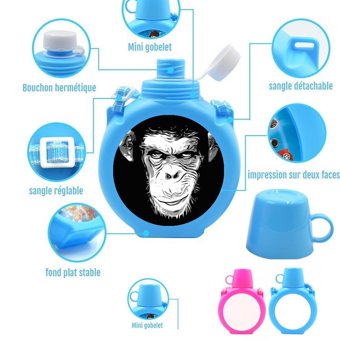  Evil Monkey para Botella infantil resistente a los golpes 730 ml en azul o rosa