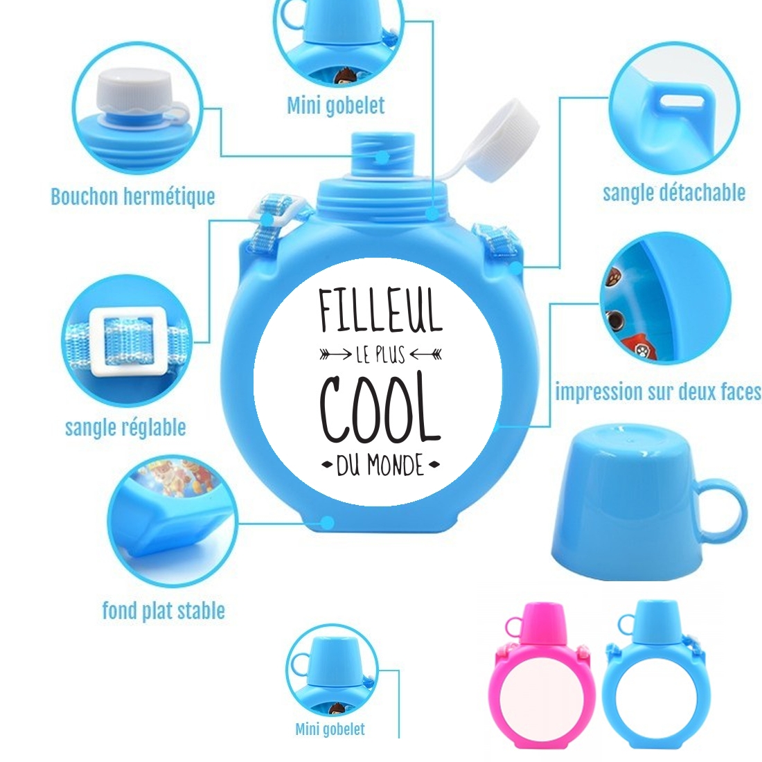  Filleul le plus cool para Botella infantil resistente a los golpes 730 ml en azul o rosa