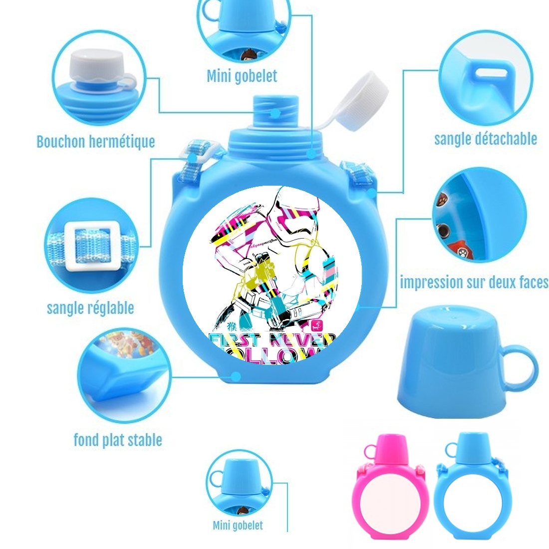  First Never Follows para Botella infantil resistente a los golpes 730 ml en azul o rosa