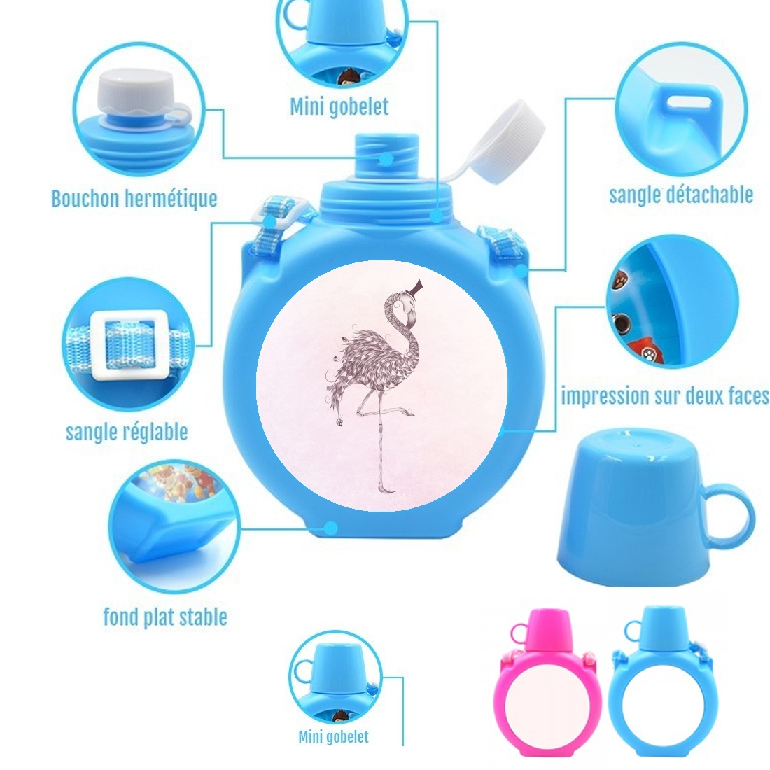  Flamingo para Botella infantil resistente a los golpes 730 ml en azul o rosa