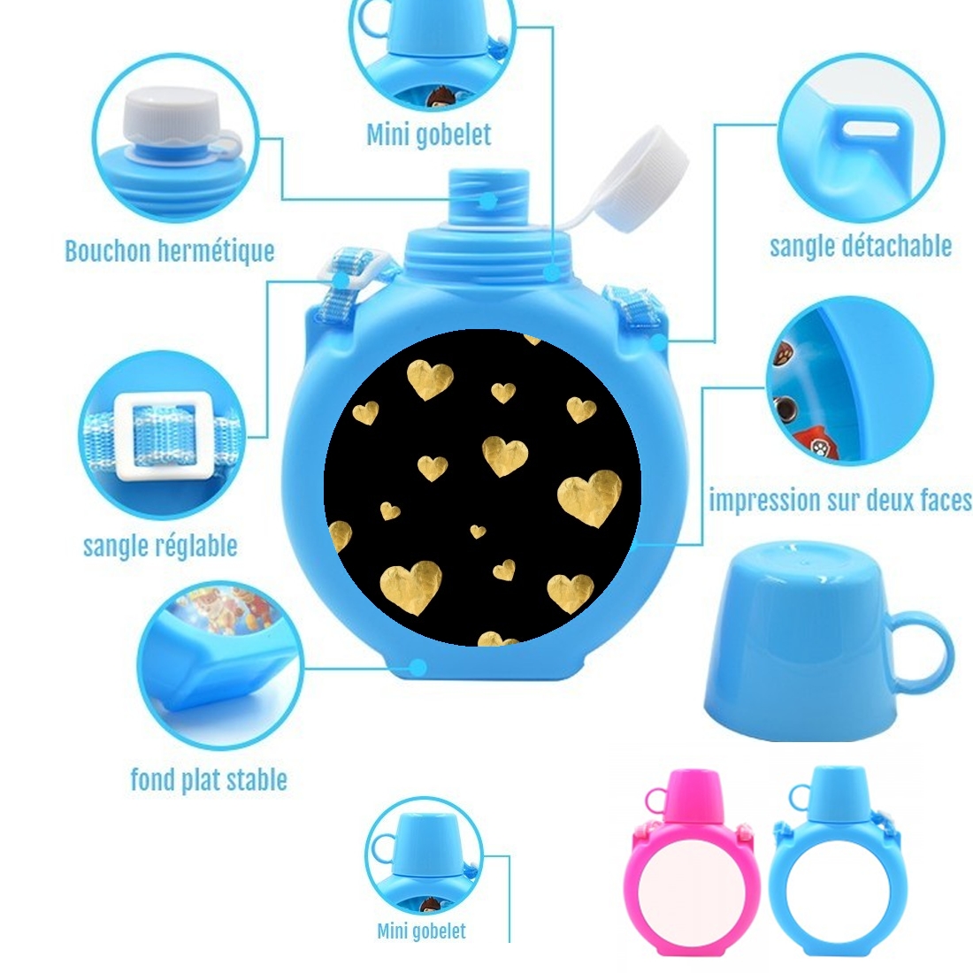  Floating Hearts para Botella infantil resistente a los golpes 730 ml en azul o rosa