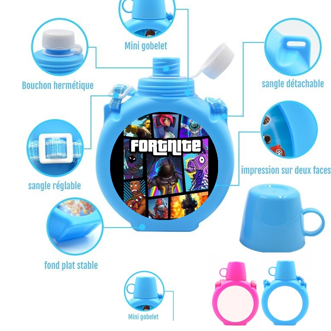  Fortnite - Battle Royale Art Feat GTA para Botella infantil resistente a los golpes 730 ml en azul o rosa