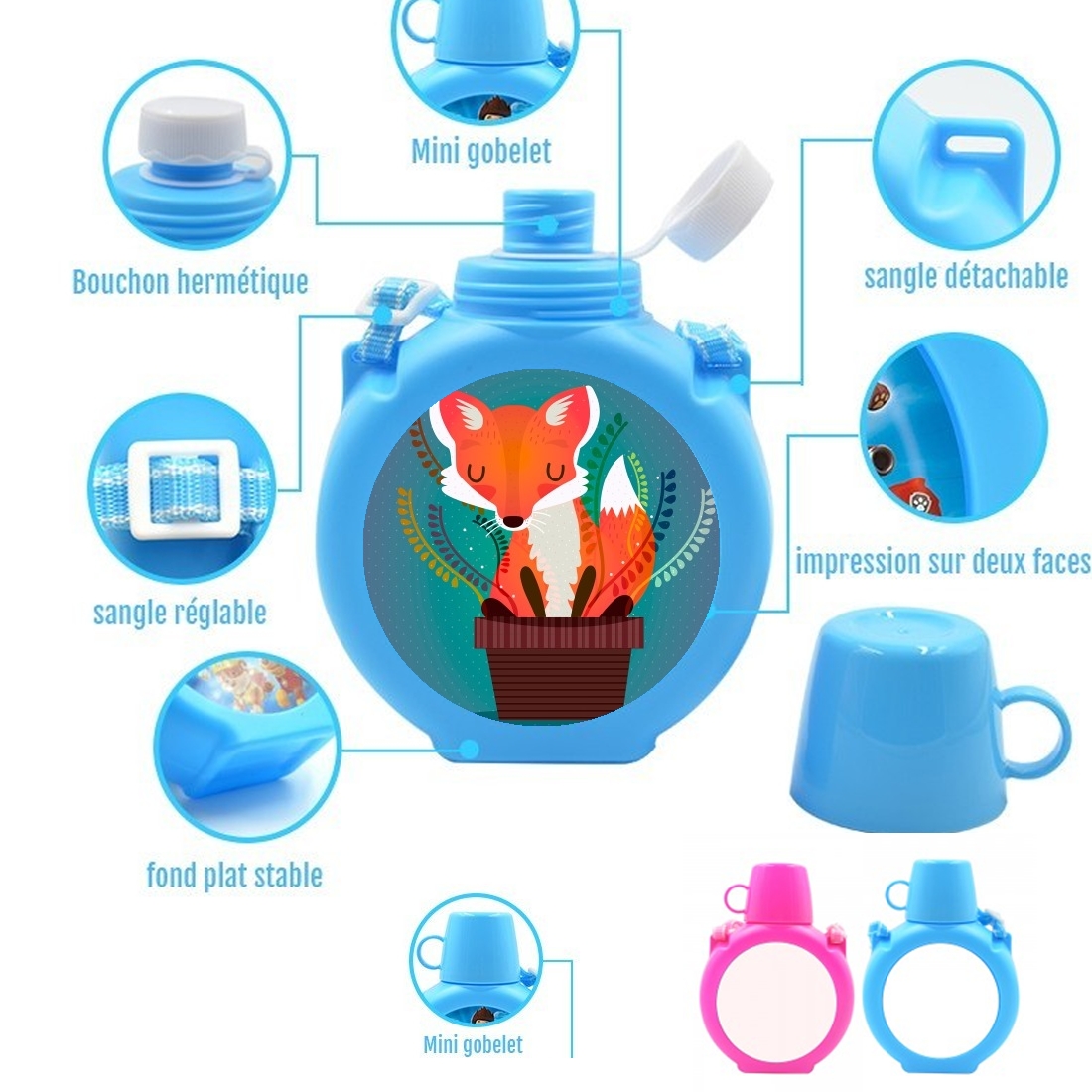  Fox in the pot para Botella infantil resistente a los golpes 730 ml en azul o rosa