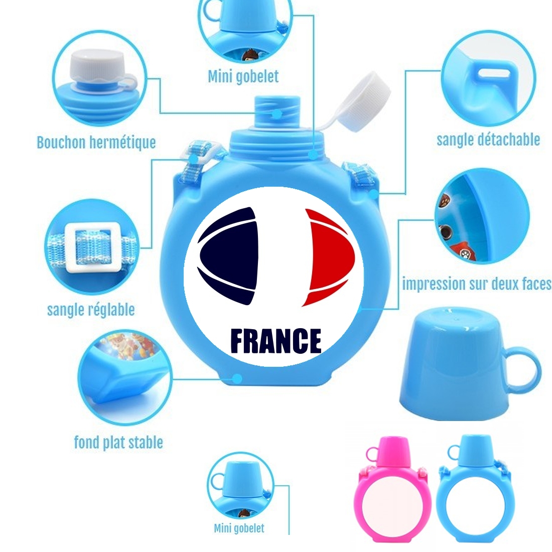  france Rugby para Botella infantil resistente a los golpes 730 ml en azul o rosa