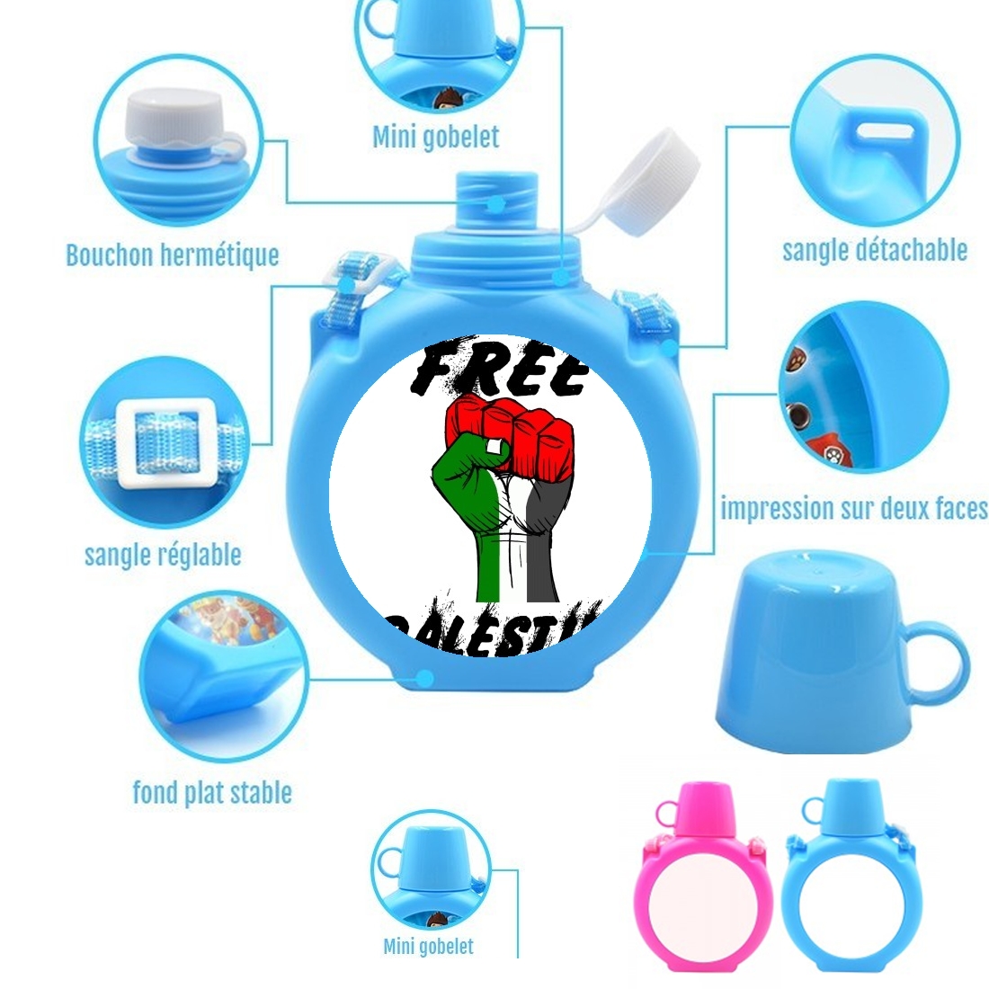  Free Palestine para Botella infantil resistente a los golpes 730 ml en azul o rosa